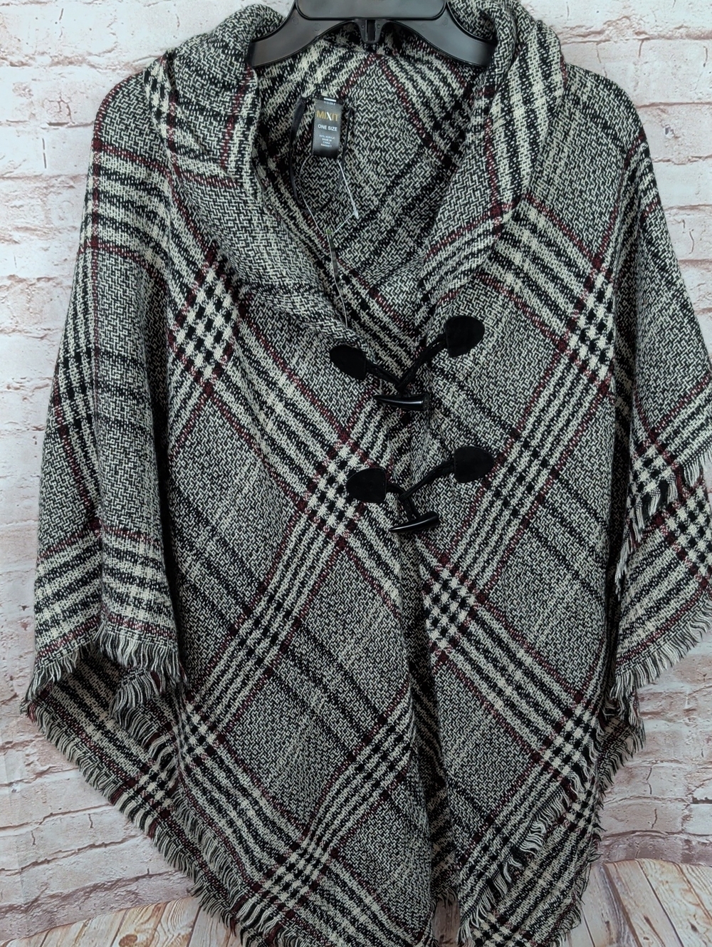 Mixit Gray Plaid Hooded Toggle Poncho with Burgundy Accents One Size Nwt